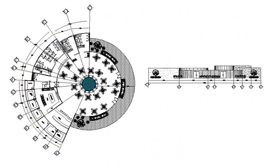 Detail 2d view of restaurant building block elevation and plan autocad file
