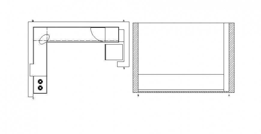 Detail 2d view of the kitchen platform layout file in autocad format