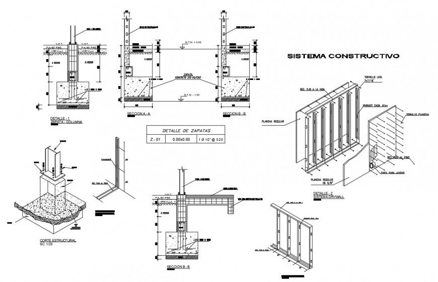 Detail 2d view section of column structure layout file in autocad format