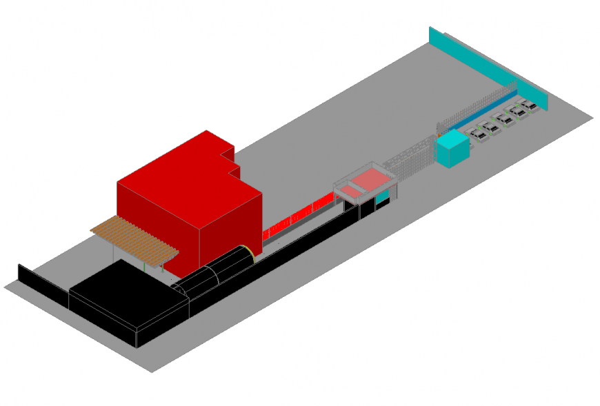 Detail 3d view of an industrial godown building elevation layout file