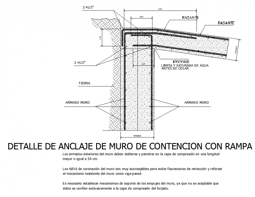 Detail anchor retaining wall with ramp drawing in dwg AutoCAD file.