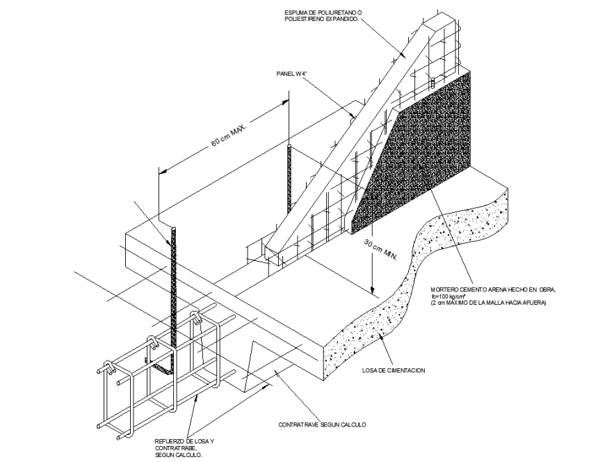 Detail anchorage to foundation panel isometric view in dwg file.