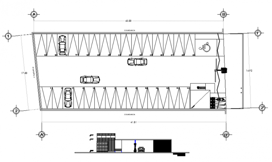 Detail basement parking elevation and plan layout AutoCAD file