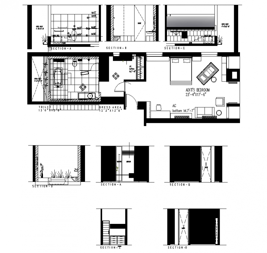 Detail bedroom plan and section 2d view layout autocad file