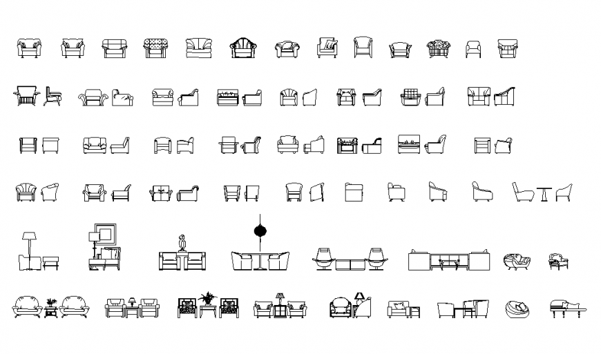 2D CAD Layout of Sofa Set and Chair with Elevation Blocks