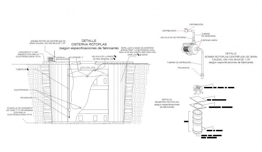 Detail cistern rotoplas plan and section autocad file