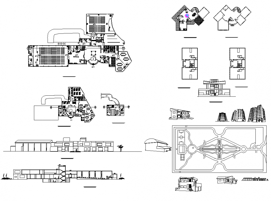 Detail Coffee shop building elevation and plan 2d view layout file