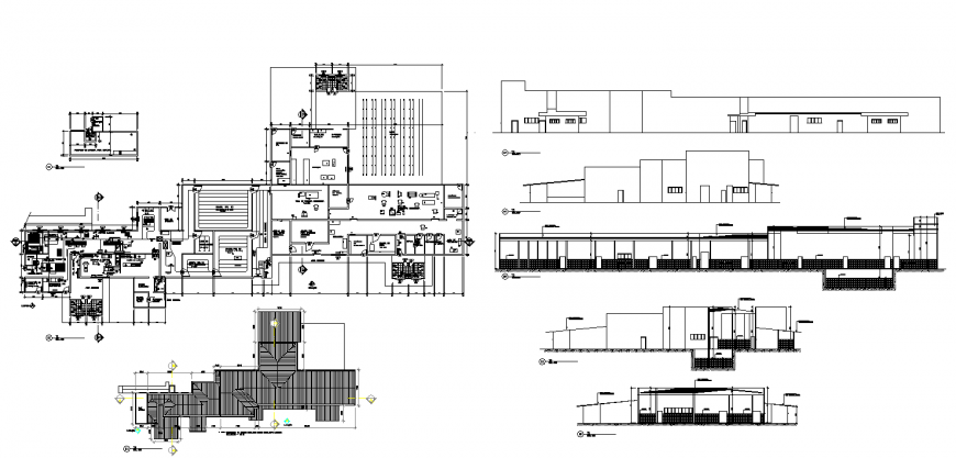 Detail commercial building structure 2d view elevation and plan layout file