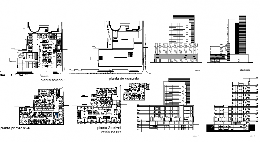 Detail commercial complex building elevation, plan and sectional layout file