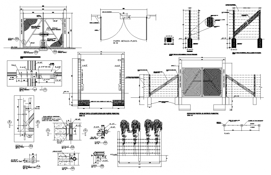 Detail compound wall view, elevation and section autocad file