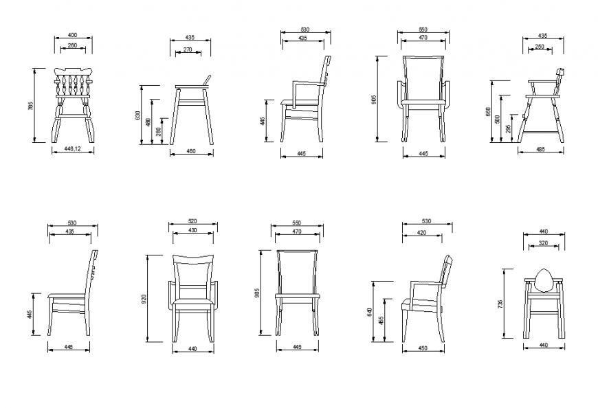 Detail different chair elevation 2d view layout autocad file