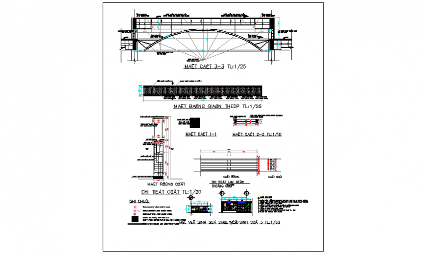 Detail drawing of arch type beam design of community center design drawing