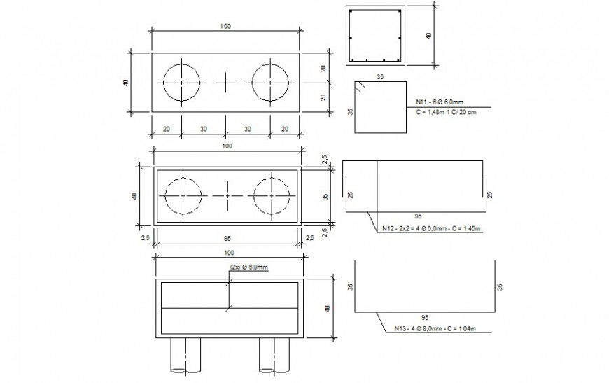 Detail drawing of combined footing 2d view dwg file