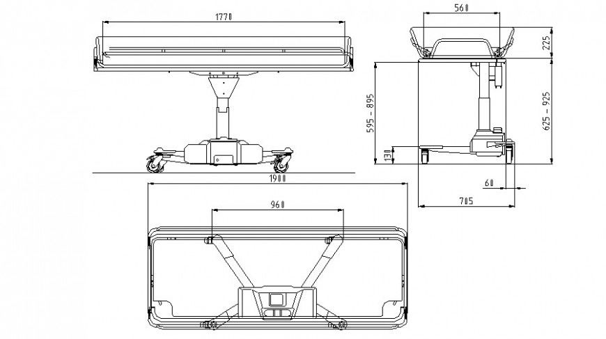 Detail drawing of hospital stretcher bed elevation in autocad