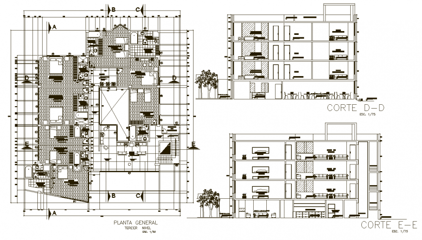 Detail drawing of hotel floor plan in dwg file
