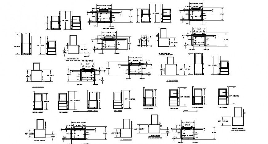 Detail drawing of the types of elevator in dwg AutoCAD file.