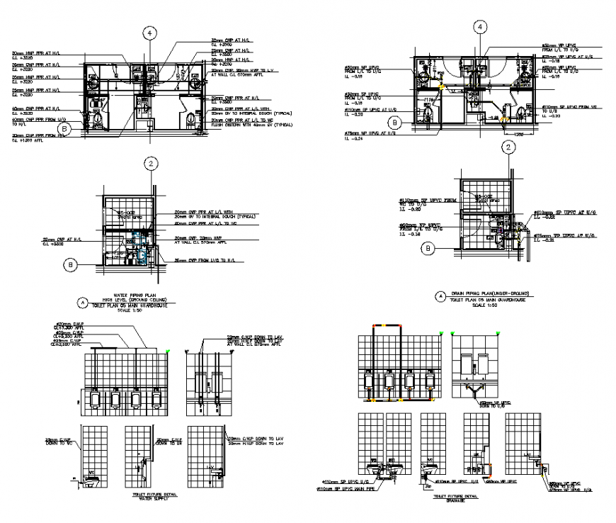 Detail elevation and plan of public toilet 2d view layout file