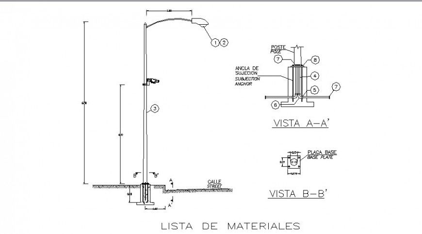 Detail elevation and section of electrical pole 2d view autocad file