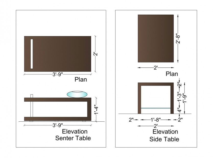 Main and Side Table CAD Elevation in 2D Furniture View