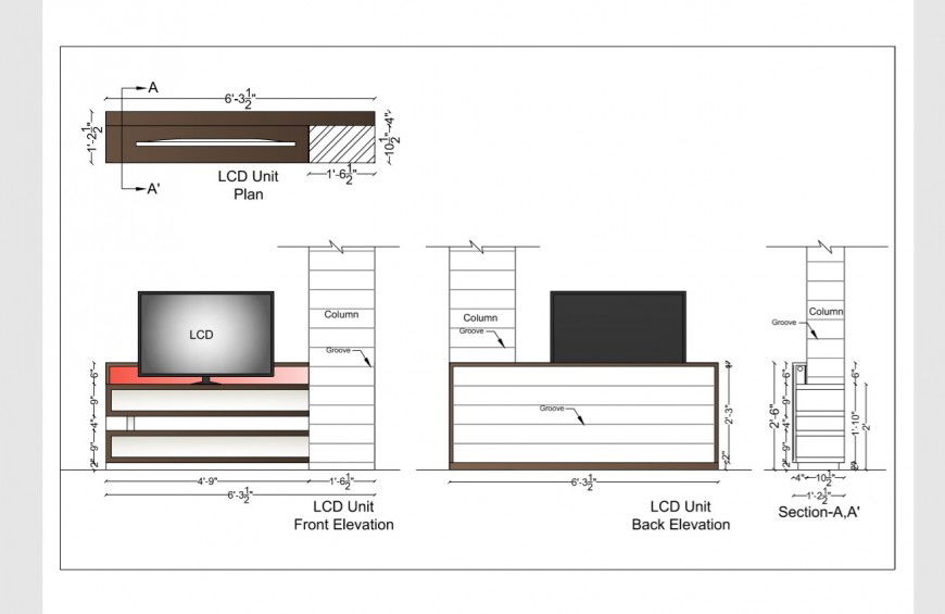 Detail elevation fo Tv unit and showcase 2d view furniture block pdf file