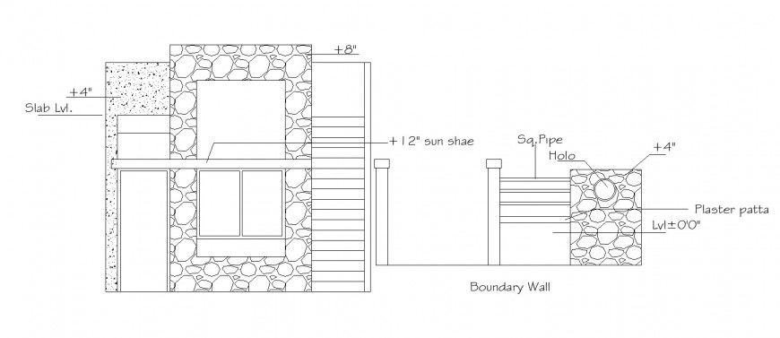 Detail elevation of raw house in dwg file.
