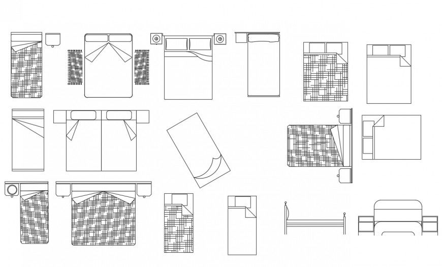Detail Elevation of single and double bed 2d view CAD furniture blocks autocad file