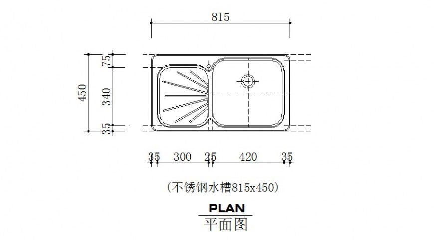 Detail elevation Stainless steel sink 2d drawing in autocad