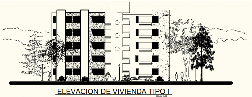 Detail exterior elevation of the apartment building in dwg AutoCAD file.