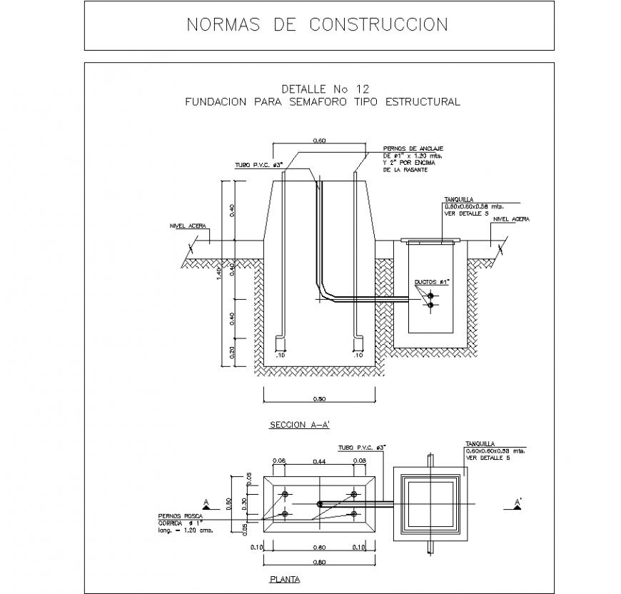 Detail foundation semaphore structural drawing in dwg AutoCAD file.