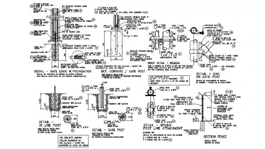Detail gate lock and foundation section detail dwg file