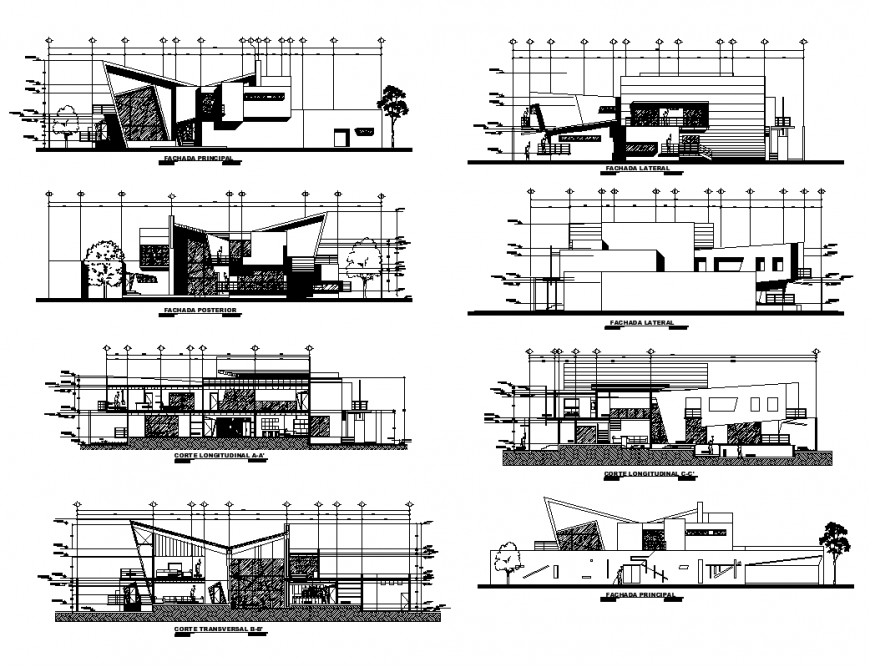 Detail guest-house building elevation and section 2d view layout autocad file