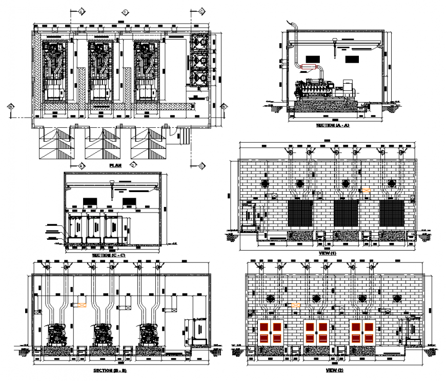 Detail housing water distribution unit elevation, plan and section layout dwg file