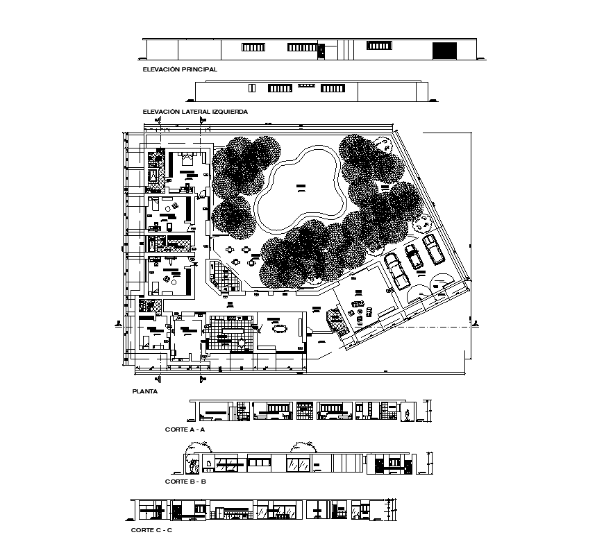 Detail housing structure plan view, elevation and section layout Autocad file