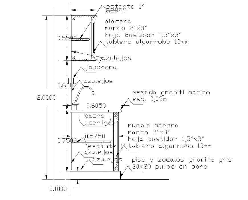 Detail kitchen furniture section drawing in dwg file.
