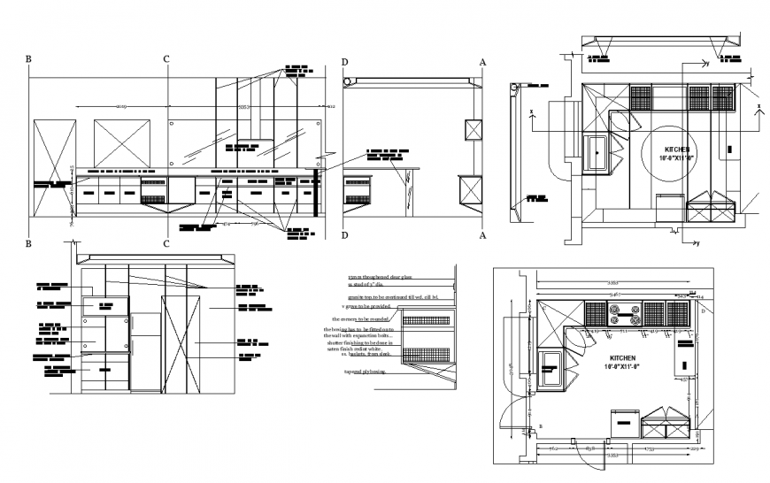 Detail kitchen structure elevation, plan and section 2d view dwg file
