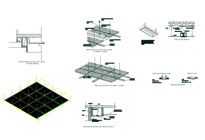 Detail light with suspended ceiling design with sectional and isometric view dwg file