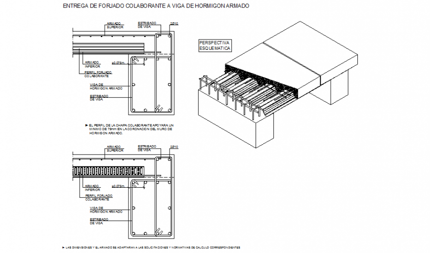 Detail losacero union with concrete beam section plan