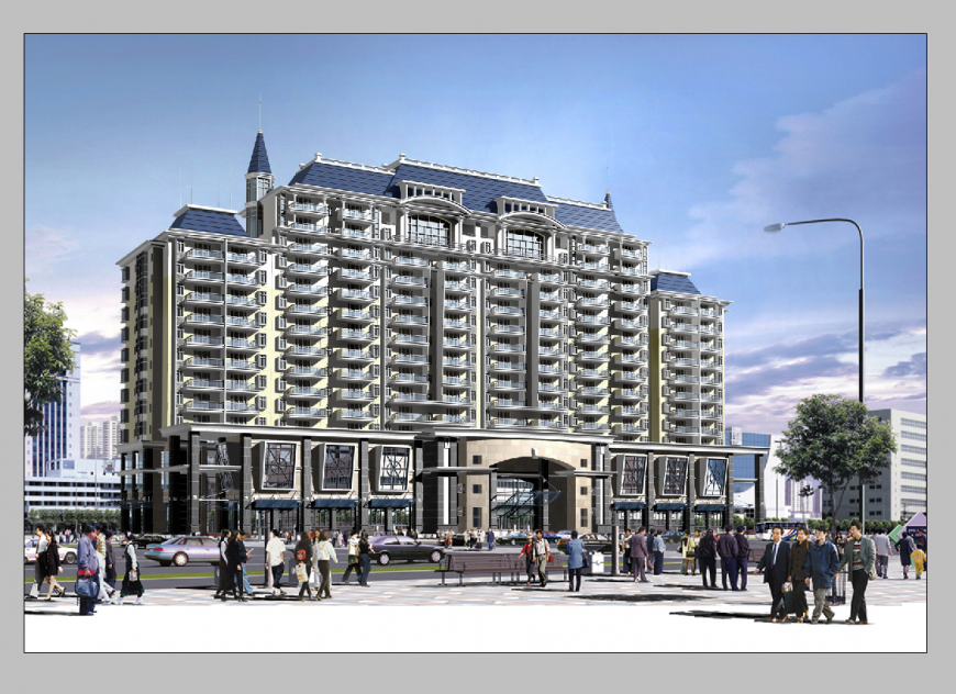 Detail multi-storey commercial building elevation layout PSD file