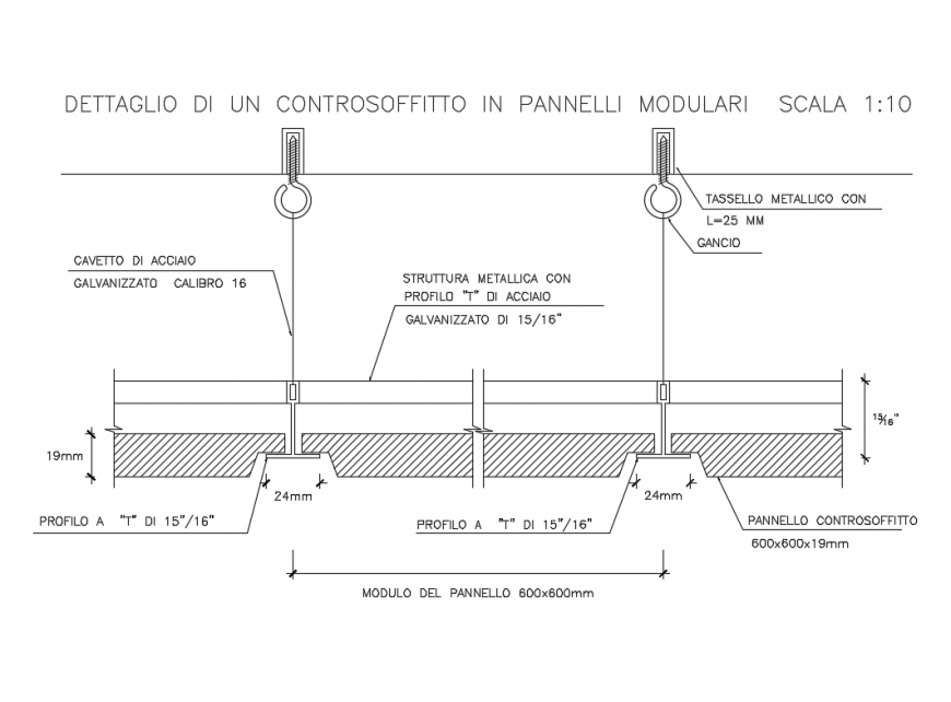Detail of a false ceiling in modular panels, 1:10 scale cad drawing