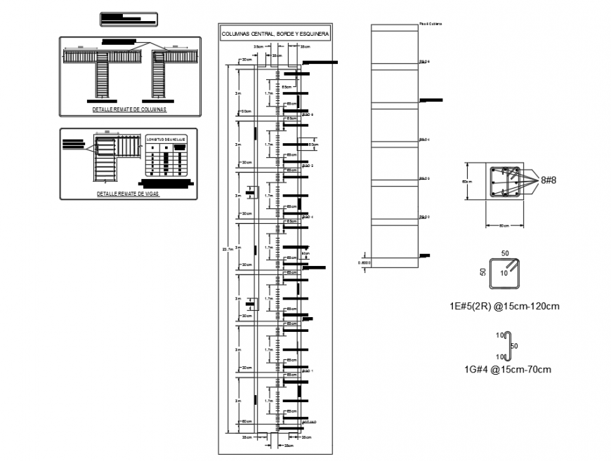 detail of beams, center, edge and corner columns design in section detail with dimension