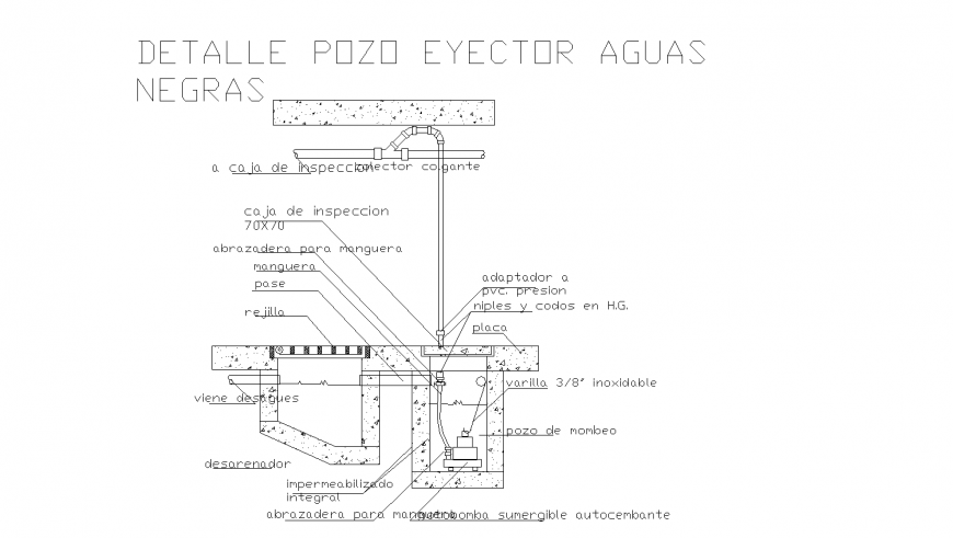 Detail of black water well ejector drawing in dwg AutoCAD file.