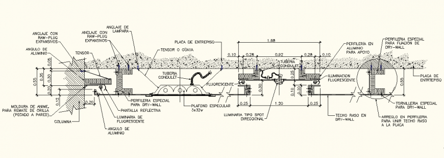 Detail of ceiling tiles with recessed lighting section AutoCAD file