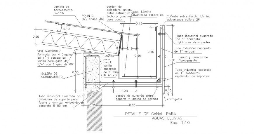 Detail of channel for rainwater drawing in dwg AutoCAD file.