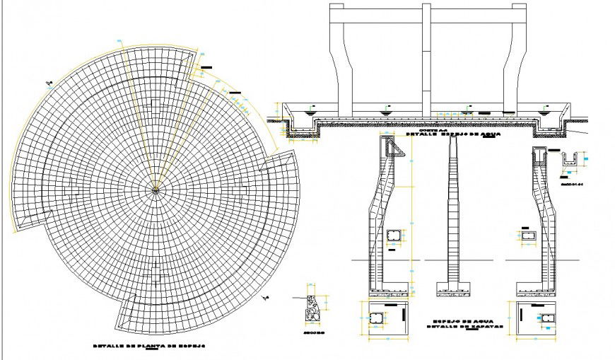 Detail of circular shade structure and column plan and section 2d view CAD block autocad file