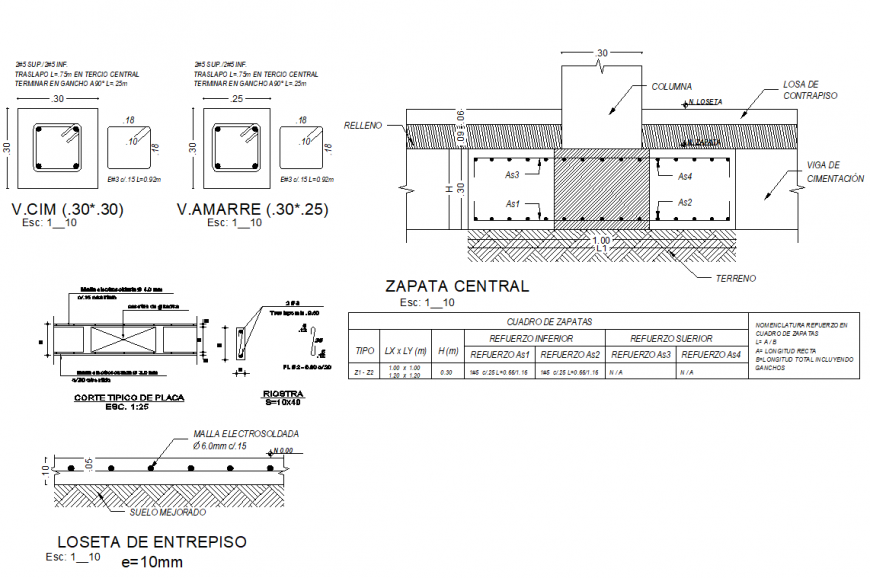 Detail of column sand beams section dwg file