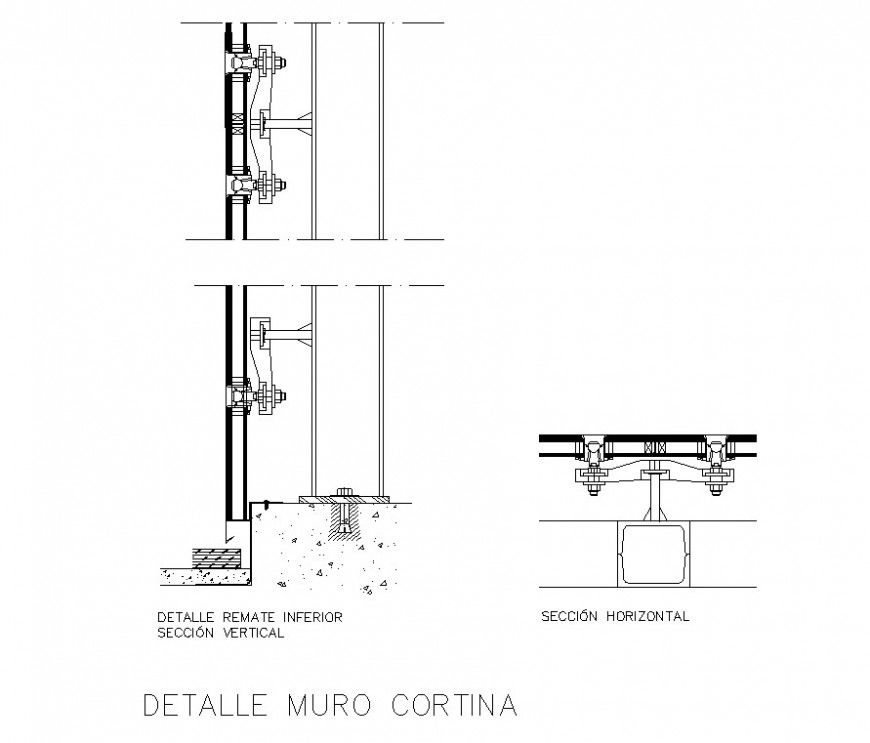 Detail of curtain wall structure 2d view CAD constructive block layout dwg file