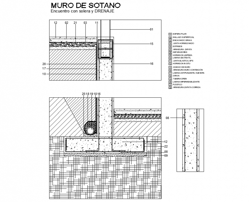 Detail of drain with basement wall plan dwg file.