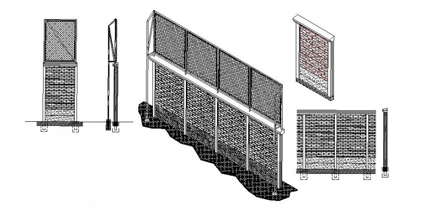 Detail of fabricated wall with mesh elevation and isometric view in AutoCAD