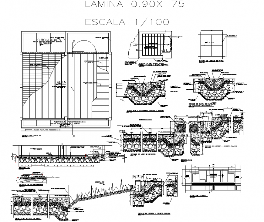 Detail of floor of a school plan and section autocad file