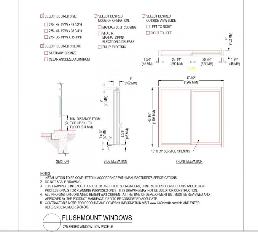 Detail of Flush mount window plan dwg file